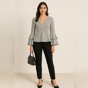 Ruffle Bell Sleeve Blouse Black White Gingham Size M